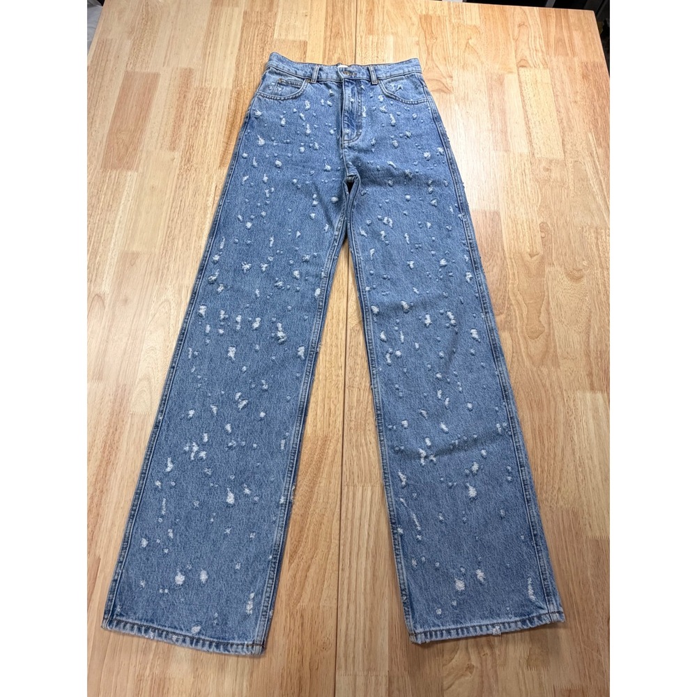 Sandro Paris Women's Distressed Detail Wide Leg Jeans Blue Denim High Waist 36